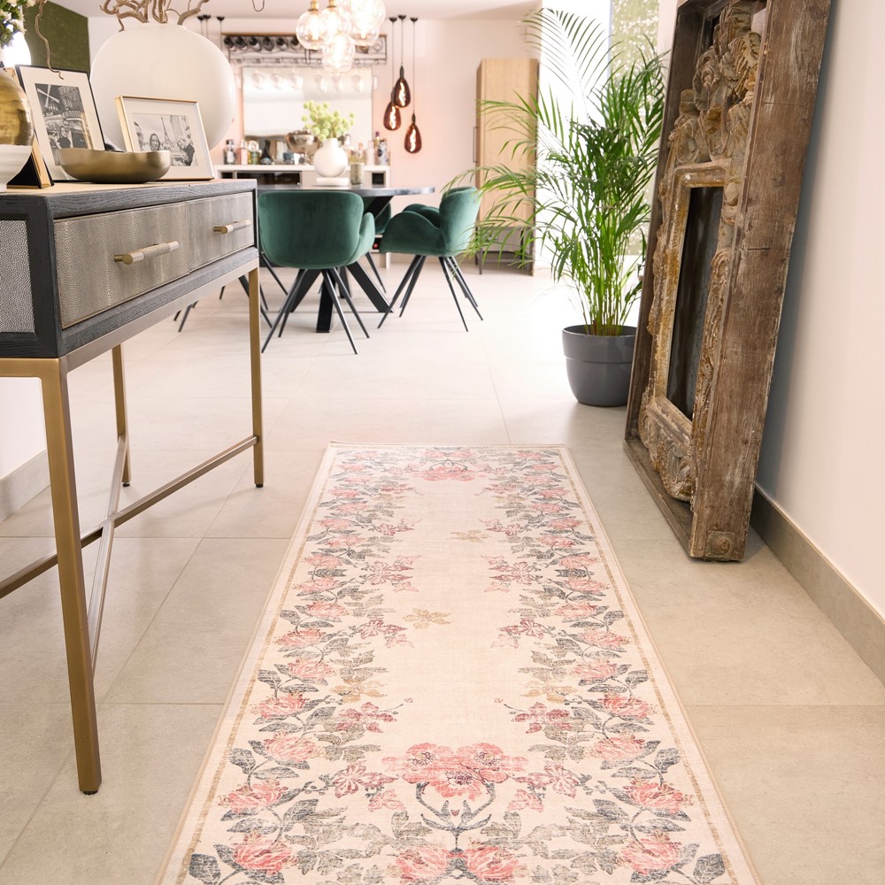 Botanical Border Eco Washable Modern Runner Rugs by Hug Rug in Pink